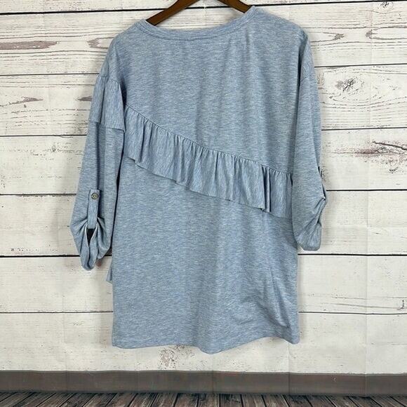 Ali Mlies Top Shirt Womens Medium Blue Sweatshirt Ruffle 3/4 Roll Tab Art Boxy - Picture 4 of 10